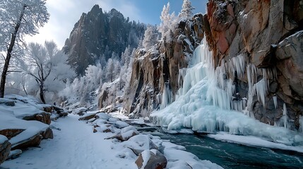 Winter Landscape with Icy Waterfall, Snow - Covered Trees and Rocky Cliffs, Isolated Background 