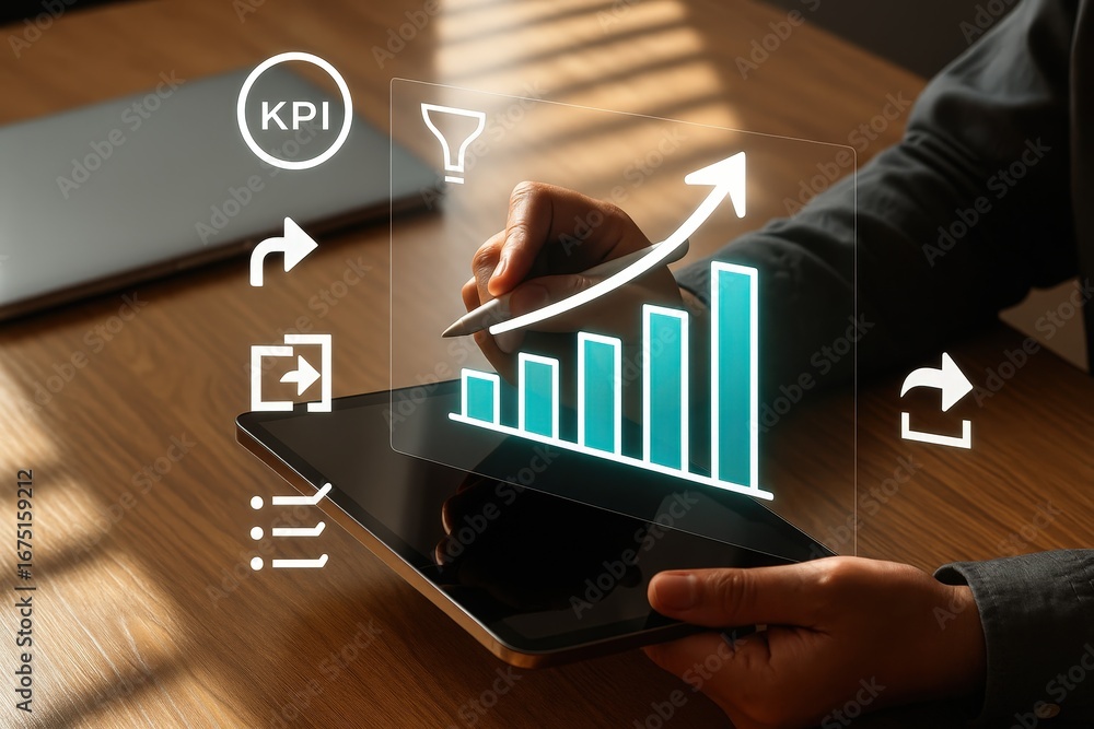 Poster a modern digital tablet displays a growing bar graph, highlighting key performance indicators and wo