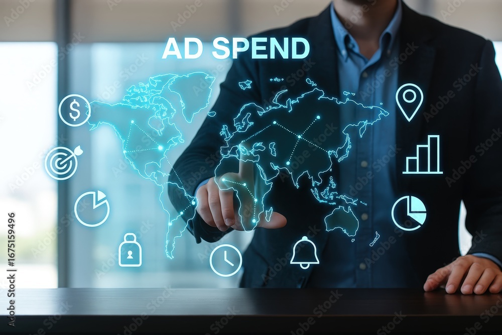 Poster a person interacts with a holographic projection of a world map, overlaid with icons representing gl