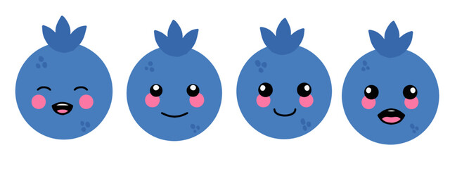 Fototapeta premium Hand drawn set of cute smiling blueberry character emojis, cartoon faces vector illustration