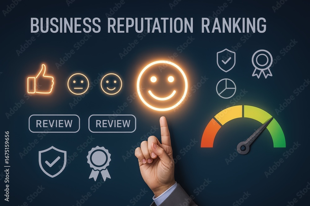 Poster a hand interacts with a graphical interface displaying business reputation ranking metrics, includin