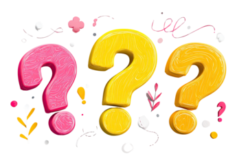Three stylized question marks surrounded by whimsical decorative elements