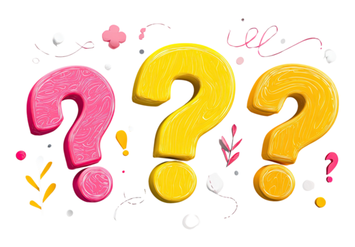 Three stylized question marks surrounded by whimsical decorative elements