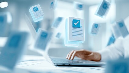 Floating document icons over a laptop