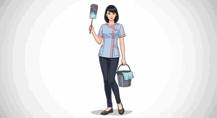 Cartoon-Style Illustration of a Smiling Cleaning Lady with Duster and Bucket
