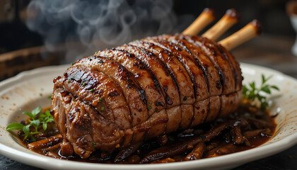 a beautifully seared and sliced pork loin roast, garnished with fresh herbs, served on a wooden cutting board, delicious savory dish, delectable gourmet meal, fine dining presentation, 4K