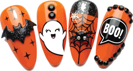 Festive halloween nail art designs featuring bats ghosts spiders and boo message