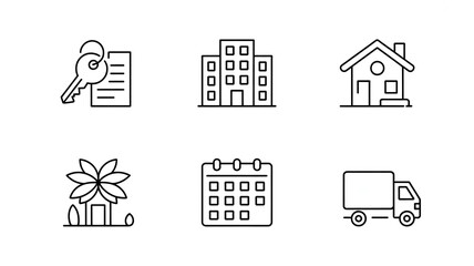 Real estate property apartment house moving delivery date key contract icons set