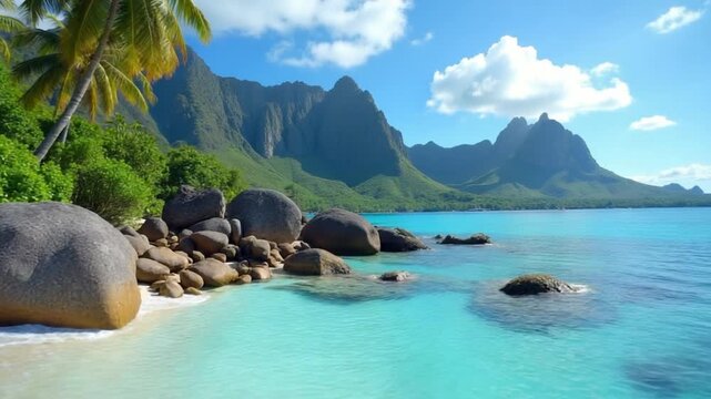 Explore the serene beaches of Tahiti with palm trees and rocky landscapes
