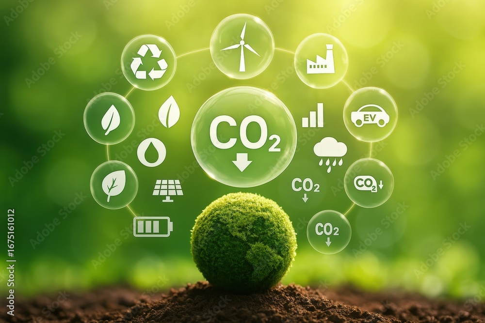 Poster a small, green sphere rests on soil, surrounded by translucent bubbles displaying various eco-friend