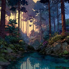 Vector Illustration of a Serene Forest with Stream at Dusk, Ideal for Copy Space and Design Projects 