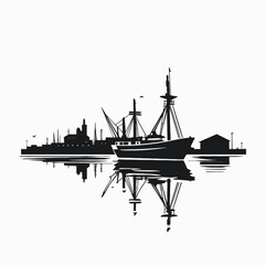 Fototapeta premium Dramatic waterfront scenery with a ship mirroring and building silhouette