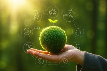 A small, green sphere, holding a young sprout, is held gently in a hand, surrounded by graphic elements, suggesting environmental sustainability.