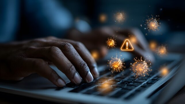 Spam and malware alert overlay. Close-up hands typing on a laptop