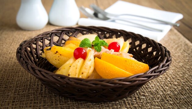 Roasted fruit and potato wedges in a wicker basket on a rustic table setting