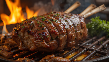 Large roast on a grill with sausages underneath and herbs, 4K and HD