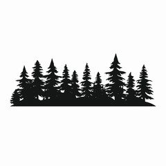 Obraz premium Evergreen forest trees standing dark against stark white background creates a dramatic silhouette