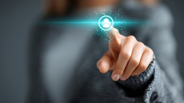 Businesswoman pressing a user logging icon on a smart virtual touchscreen. - Powered by Adobe