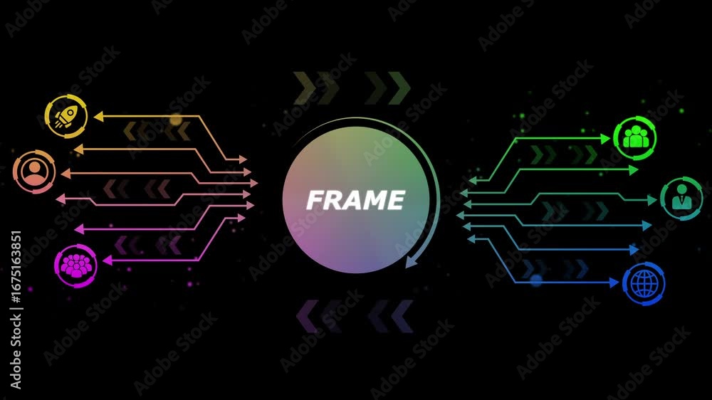 Poster futuristic infographic flow chart with icons representing business growth teamwork global connection