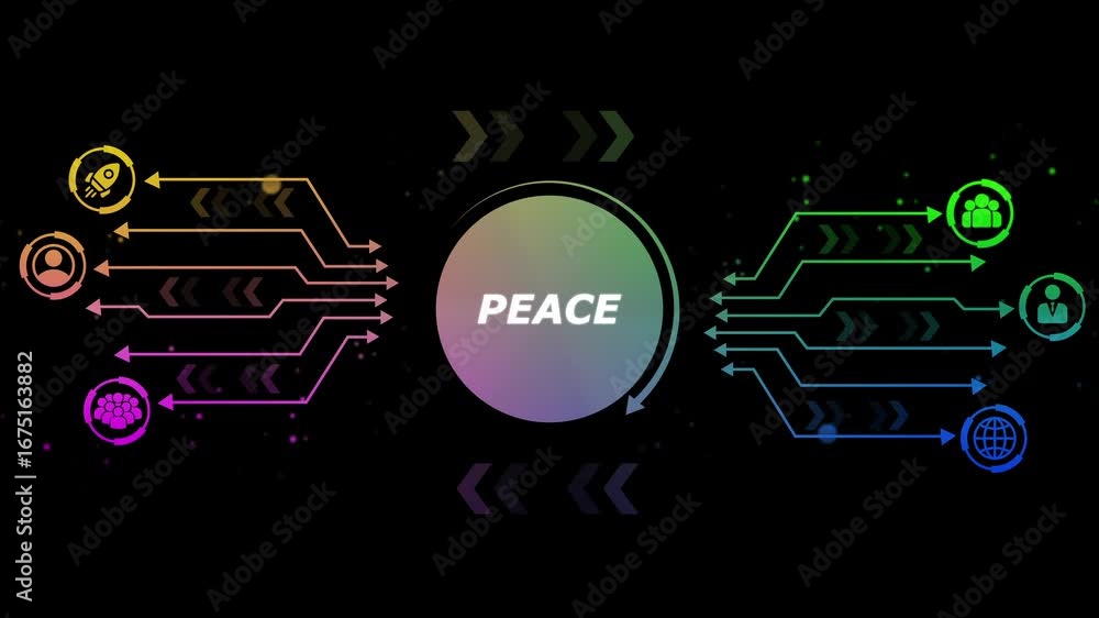 Poster global unity and progress towards peace concept with diverse icons and data flow on black background