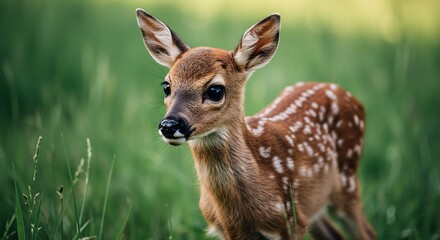 Fototapeta premium 愛らしい鹿の子 小さな体 輝く瞳 草原の光浴びて 穏やかに佇む. AI Generated