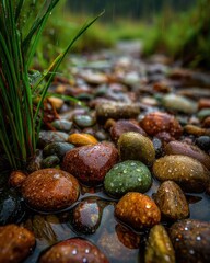 Close-up of colorful rocks and water in a shallow stream. Lush green grass at the edge
