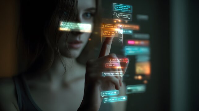 Woman interacting with a virtual inbox, chat message agent overlay, Futuristic UI 