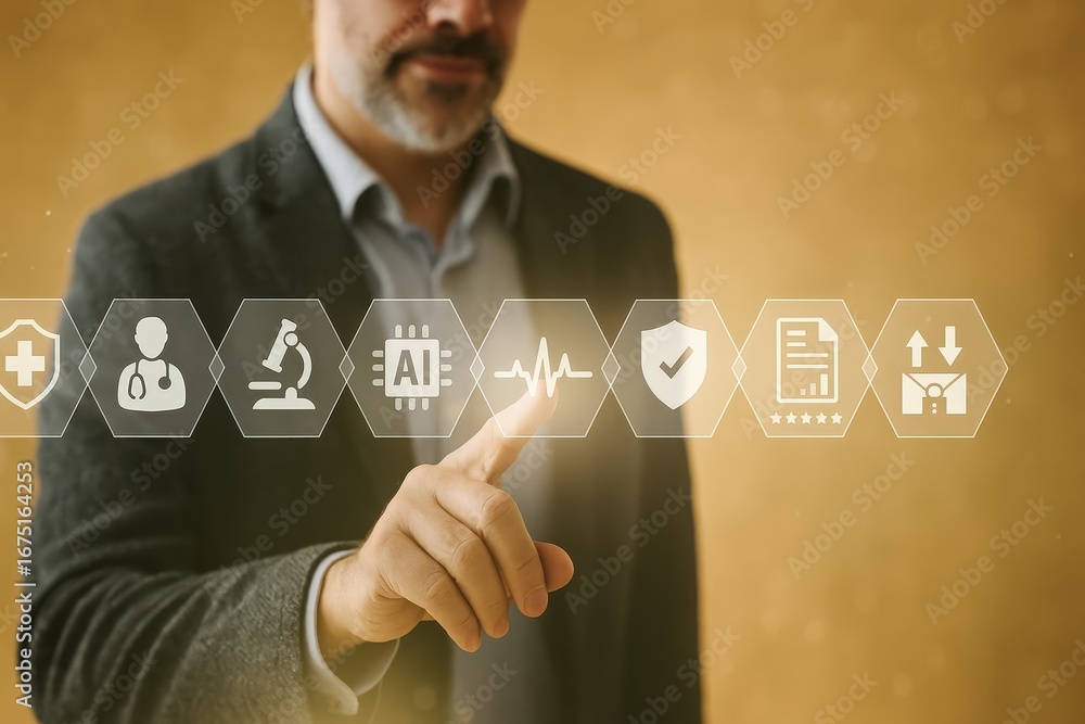 Poster a man in a dark suit interacts with a digital interface displaying various health and technology ico