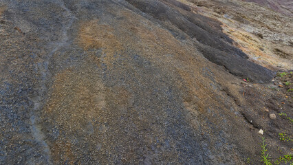 The texture of multicolored sand. Close-up. There are furrows from streams and green grass on the...