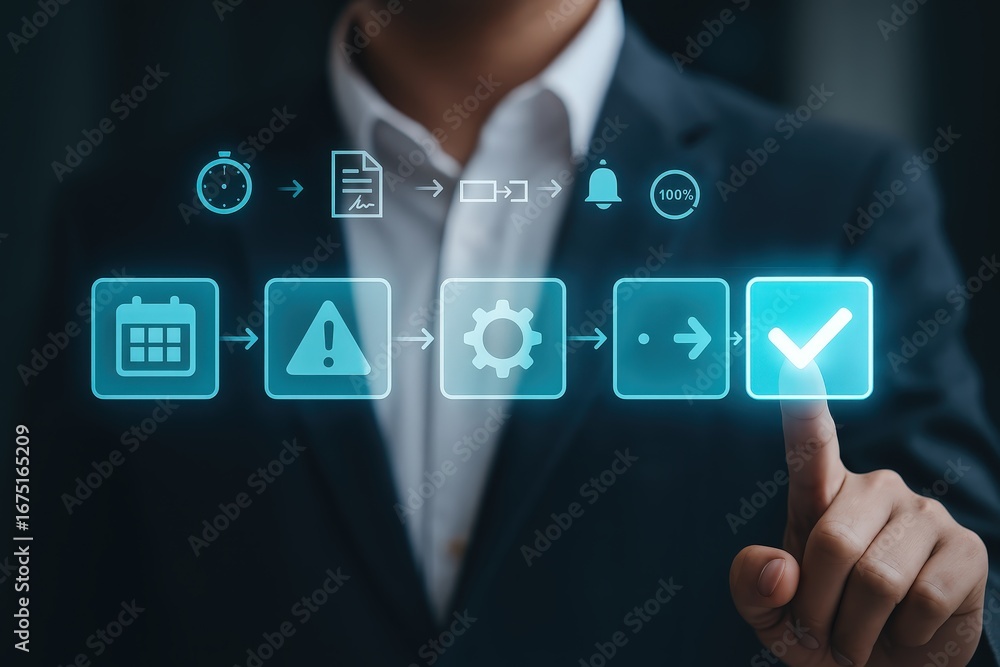 Poster a person in a suit is interacting with a digital workflow, highlighting completion of steps with a c
