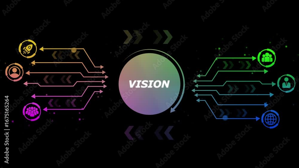 Poster futuristic vision concept with colorful arrows and icons representing growth teamwork global reach a