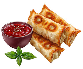 Crispy spring rolls with dipping sauce and fresh basil on transparent background