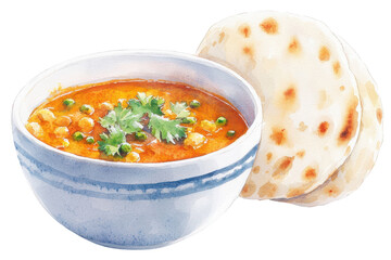 watercolor illustration of bowl of curry with naan bread on transparent background