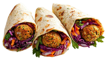 Three delicious falafel wraps with vibrant vegetables on transparent background