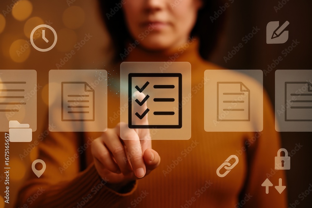 Poster a person interacts with digital document icons on a touch screen interface, highlighting a checklist