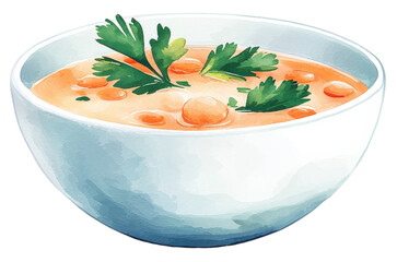 bowl of creamy soup with chickpeas and parsley garnish on transparent background