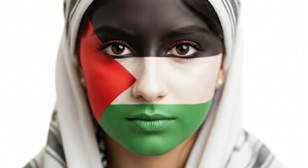 A close-up portrait of a Palestinian woman with the flag of Palestine painted on her face