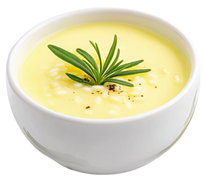 Creamy yellow soup garnished with rosemary in white bowl on transparent background