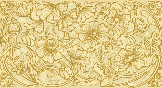 黄金色繊細花模様 優雅なアールヌーボー風デザイン 上品な光沢感. AI Generated