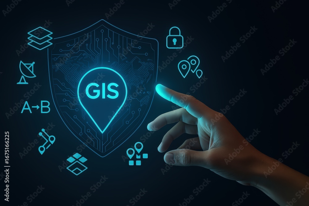 Poster a hand interacts with a digital interface displaying geographic information system (gis) technology.