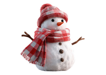 3D rendered snowman wearing a red and white checkered hat and scarf