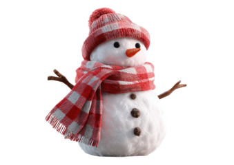3D rendered snowman wearing a red and white checkered hat and scarf