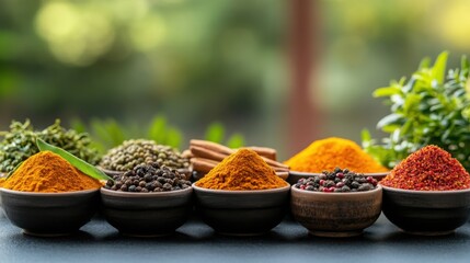 Set of different Indian spices for many food tasty  on blurred background © tharushi
