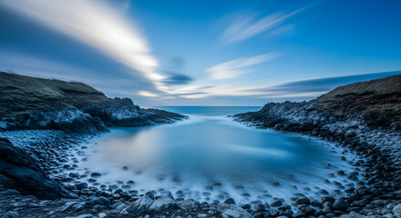 Fototapeta premium Long exposure of a rocky coast with a tranquil sea and cloudy sky