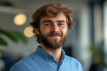 Close-up photo of young man with a beard and a blue shirt standing in the office, smiling proudly and looking forward with satisfaction after achieving a milestone or completing a task, Generative AI