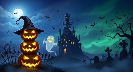 A spooky halloween night scene featuring a castle, stacked pumpkins with a witch hat, a ghost, bats, and tombstones, creating a dark and eerie atmosphere