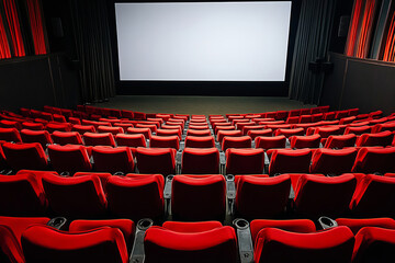 Fototapeta premium Empty cinema hall with red seats and blank screen