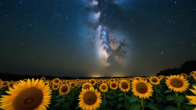 Sunflower field at night. Milky Way Galaxy Time Lapse 4K