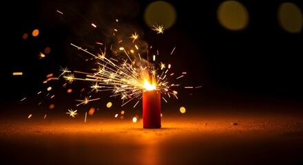 A lit firecracker explodes, showering sparks against a dark background, illuminating the scene.