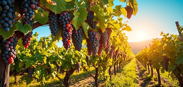 Sun-drenched Galilee vineyard rows, ripe grapes hanging heavy, fall, sunlight - Powered by Adobe